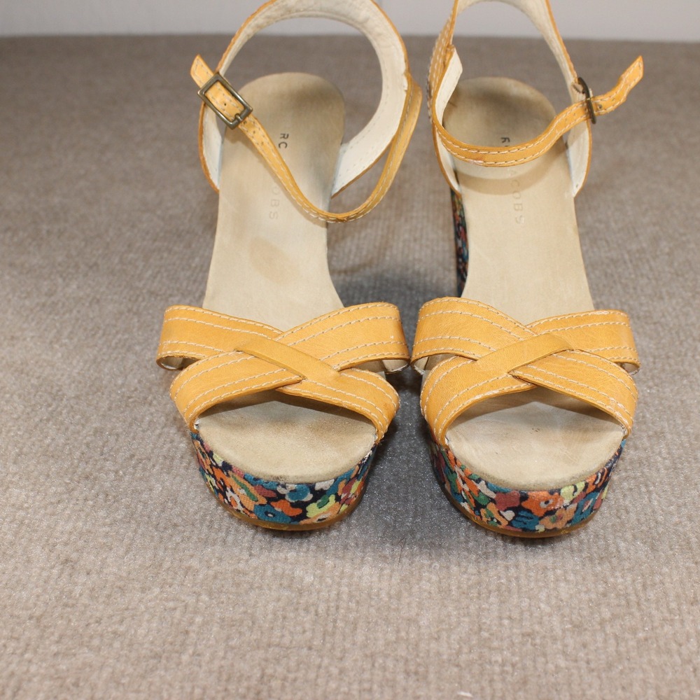 Marc Jacobs Yellow Leather Floral Print Wedge Platform Sandals Size 39